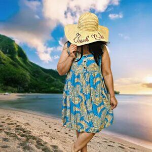 Vintage Hawaii Makai Beach Sleeveless Midi Dress Palm Printed Tunic Cover-Up XL